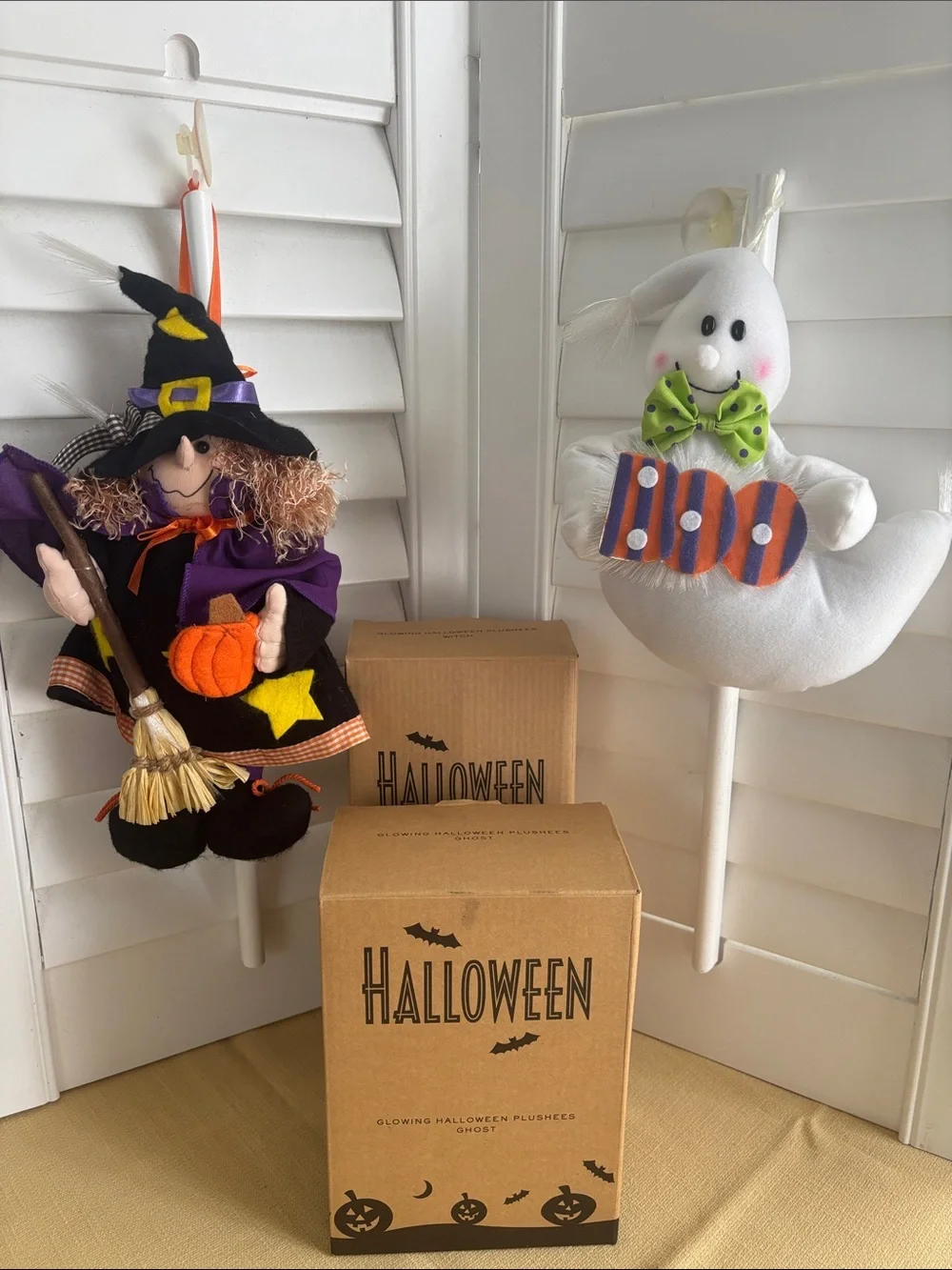 Vintage Avon Halloween Witch & Ghost Plush Window Ornaments w/ Boxes